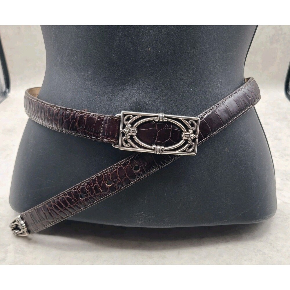 Vtg Brighton Croc Embossed Belt 28" Brown Silver Buckle